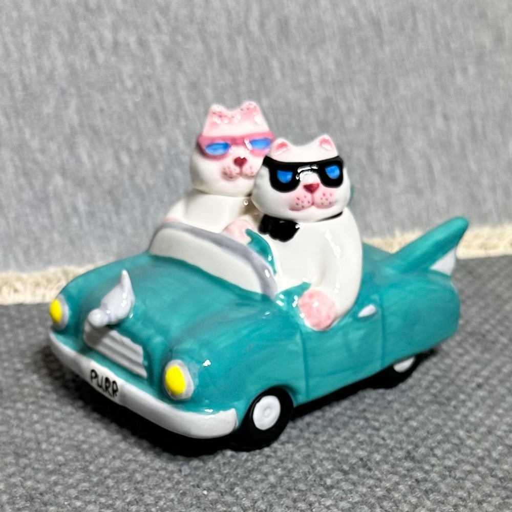 Clay Art Ceramic Cat Salt and Pepper Shakers Teal Convertible Car Set PURR